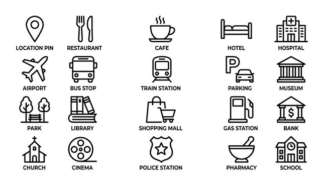 A comprehensive collection of outline vector icons representing common points of interest and essential services found within a modern city