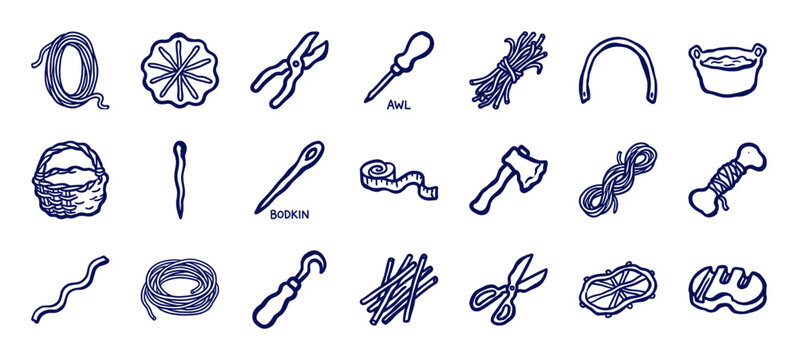 Hand-drawn primitive basketry and weaving tools for rustic brand identity. Naive marker sketch illustrations featuring traditional craft equipment.