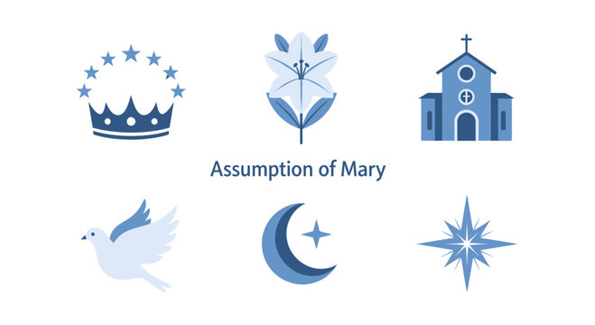 Blue and white icons related to the Assumption of Mary on a white background