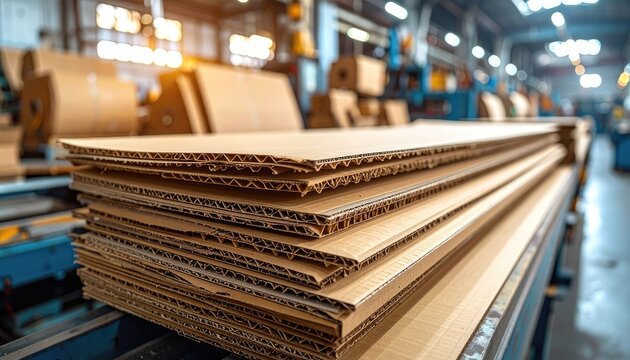 A close-up view showcases a large stack of corrugated cardboard sheets moving along a conveyor belt within a bustling industrial manufacturing facility.
