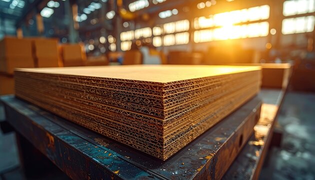 A stack of plywood sheets rests on a metal surface within a large industrial warehouse, bathed in warm sunlight streaming through the windows.