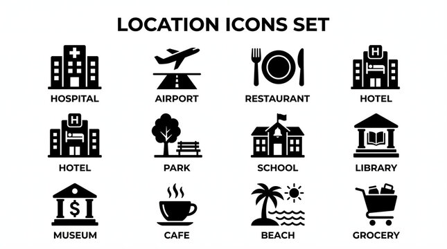 A comprehensive collection of diverse black glyph location icons designed for mapping applications, offering essential place markers for various public and commercial establishments and services.