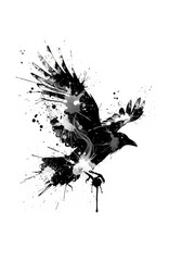 Fototapeta premium Dynamic depiction of a soaring corvid rendered in striking black and white ink splash style