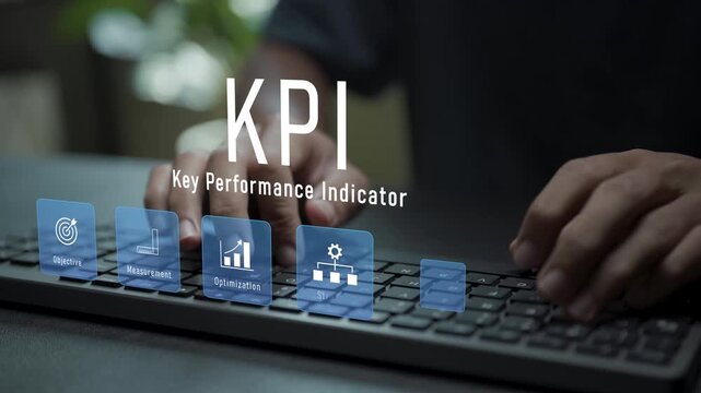 KPI key performance indicator concept. Person typing keyboard with performance metrics and analytics icons, business performance tracking, data analysis and goal measurement.