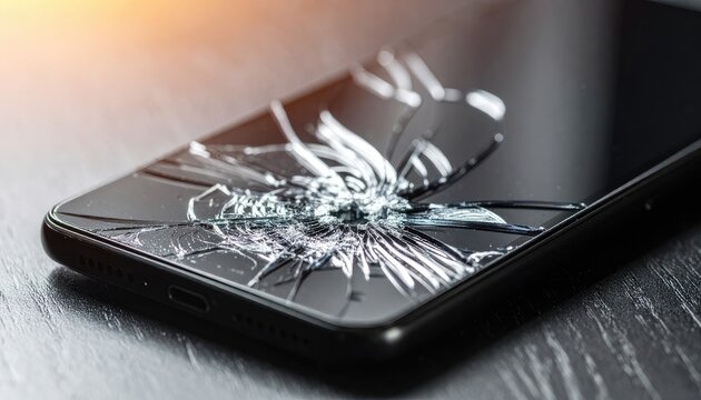 A close-up shot depicts a modern smartphone with a severely cracked screen, resting on a dark surface, highlighting the fragility of technology and the potential for accidental damage.