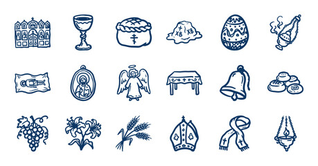 Naklejka premium Orthodox Christian Easter and liturgy elements in a rustic hand-drawn doodle style. Naive marker sketch illustrations of church traditions and symbols.