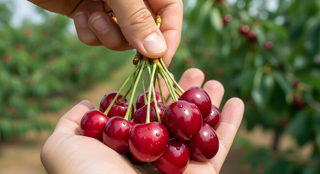 Freshly picked ripe cherries from the orchard, held in a person's hands under the summer sun
