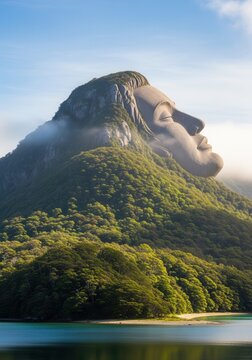 Enormous sculpted face appears to emerge from the verdant mountainside overlooking still water