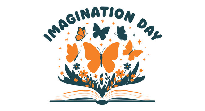 Vector illustration of Imagination Day logo with book, butterflies, flowers