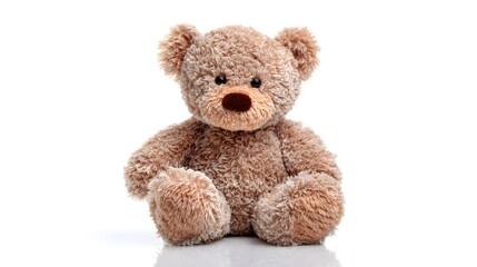 Obraz premium Fluffy Brown Teddy Bear Sitting on a White Background.