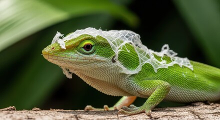 Obraz premium Vibrant green reptile displays shedding skin remnants upon rough wooden surface