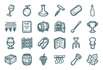 Fototapeta premium Hand-drawn wine tasting and viticulture elements for rustic vineyard branding. Naive doodle sketch illustrations featuring winery equipment and cellar tools.
