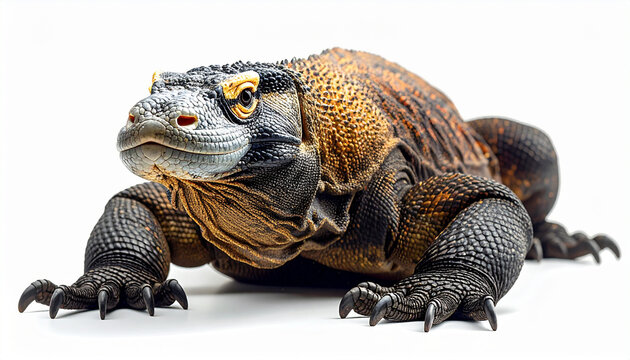 A powerful ancient reptile, the majestic Komodo Dragon, stands on a pristine white background, showcasing its unique scaly texture and formidable presence