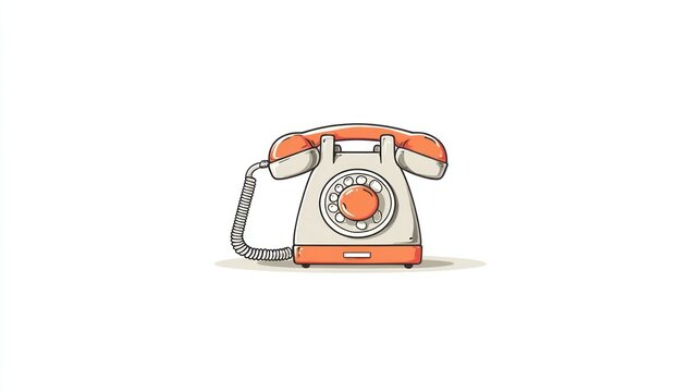 Illustrated retro telephone in cream and orange with a gray coiled cord on white