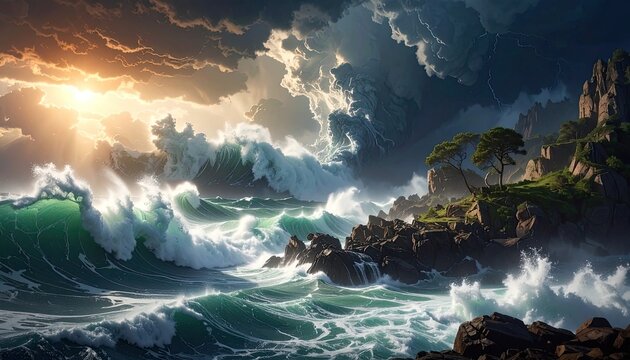 Dramatic ocean waves crash against rocky shores under a stormy sky with sunlight breaking through.