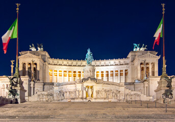 Vittorio Emmanuel II Monument (Vittoriano) on Venice square in Rome at night, Italy