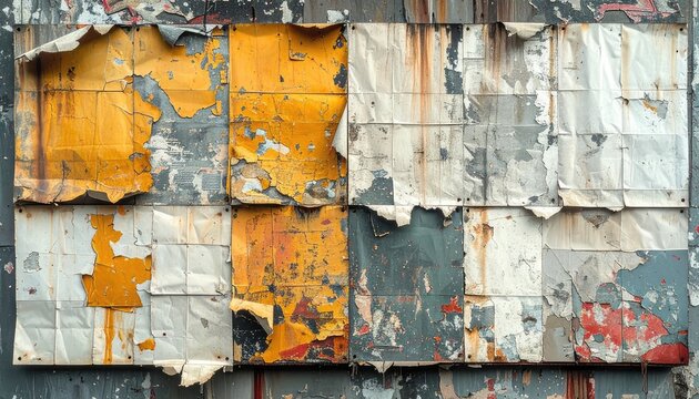 A weathered wall featuring peeling paint and torn posters.