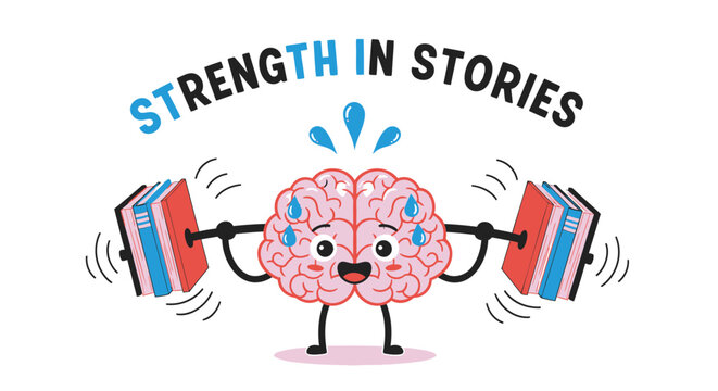 Vector illustration of brain lifting weights with books, strength in stories