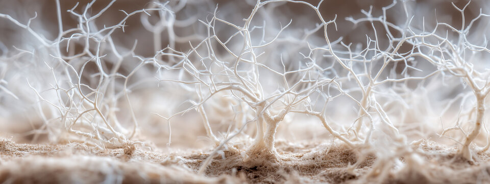 Macro view of white organic mycelium network representing sustainable bio materials and eco friendly packaging technology solutions