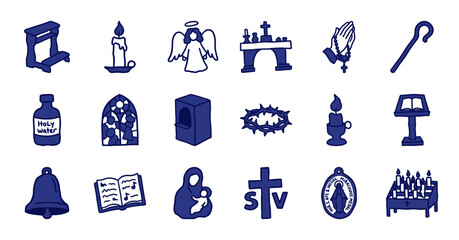 Naklejka premium Catholic religious symbols and liturgical items for spiritual branding. Hand-drawn naive blue marker sketch illustrations featuring church and prayer concepts.