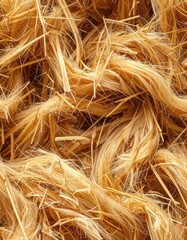 Fototapeta premium A close-up, overhead view of dry, golden flax fibers and stalks.