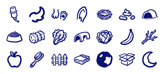 Fototapeta na wymiar Rabbit and small pet care elements in a crude marker sketch style. Rustic hand-drawn guinea pig and hamster supplies featuring hay, snacks, and habitat accessories.