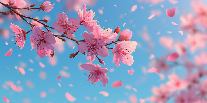 soft watercolor background of pink cherry blossom branches and falling petals for spring hanami festival