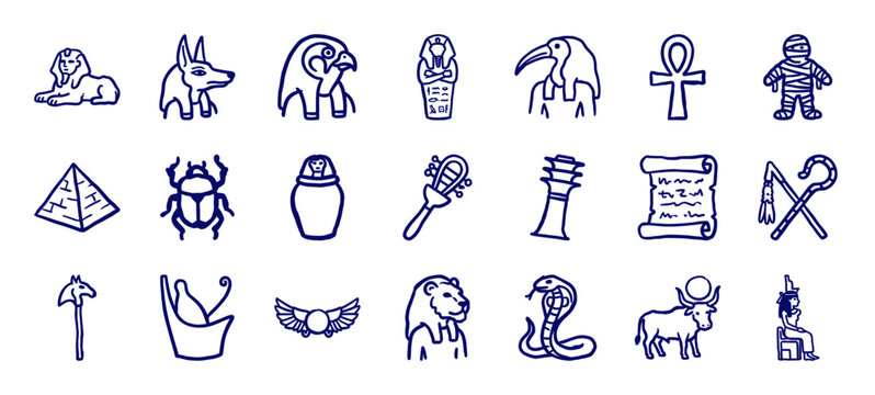Ancient Egyptian culture and mythology elements for historical storytelling. Crude hand-drawn marker sketch illustrations featuring pharaohs and gods.