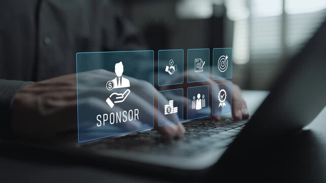 Corporate sponsorship program concept. Person using laptop with partnership and funding icons, brand promotion, business collaboration and sponsorship strategy.