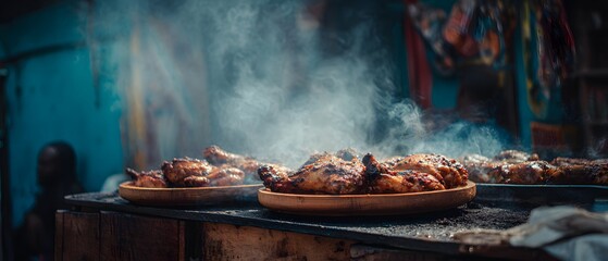 Abundant plates of sizzling grilled chicken pieces, generously smoking on a hot surface amidst a vibrant, bustling background.