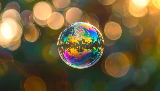 A single, iridescent soap bubble floating with a bokeh background.