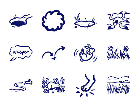 Hand-drawn rabbit life and meadow nature elements for organic branding. Naive blue marker sketch illustrations of burrows, grass, and bunny movements.