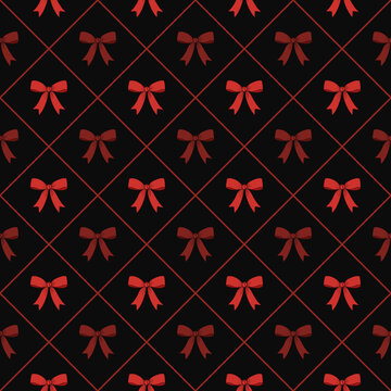 Sweet doodle style bows arranged in a romantic seamless diagonal grid over black