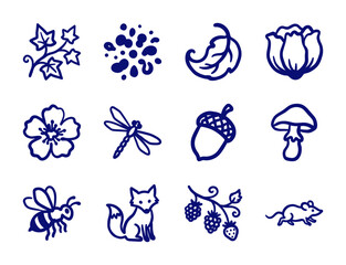 Fototapeta premium Hand-drawn woodland nature elements for organic brand identity. Rustic naive marker sketch illustrations featuring forest flora and fauna concepts.