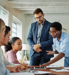 Group of young business people having a meeting or presentation and seminar in the office. Portrait...