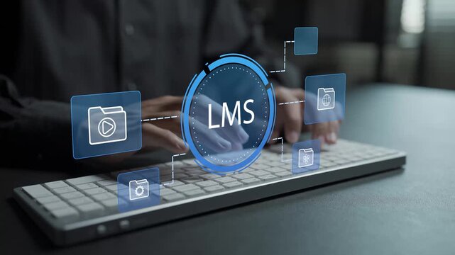 LMS learning management system concept. Person typing keyboard with online course and education icons, digital learning platform, training management and e-learning technology.