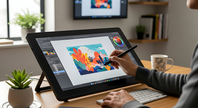 Artist using a digital drawing tablet and stylus to create digital art on a computer screen.