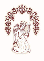 Naklejka premium Hand drawn angel blessing with candle sitting. Christian floral cross arch. Isolated flat vector illustration for religious printale. First Baptism,holy week, wedding ,rememrance and funeral vigil