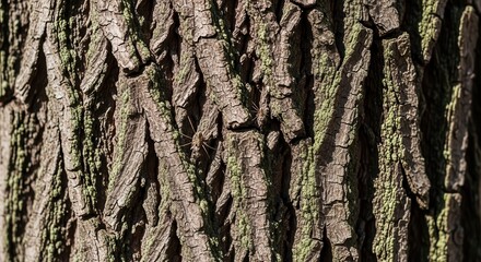 Obraz premium Detailed view captures the rough, textured surface of tree bark with visible organic growth.