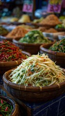 Fototapeta premium Systematic arrangement of diverse shredded fresh ingredients in woven bowls, highlighting variety and culinary components.