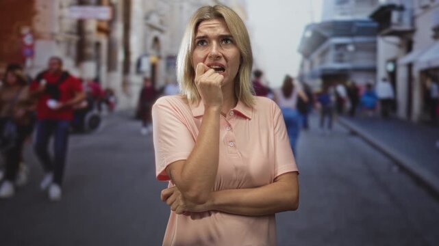 Woman biting fingernail with hand to mouth and crossed arm on a crowded street in city center; anxiety concern.