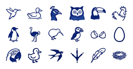 Fototapeta premium Hand-drawn bird and avian life elements for organic brand identity. Rustic, naive marker sketch illustrations featuring various bird species and nature concepts.