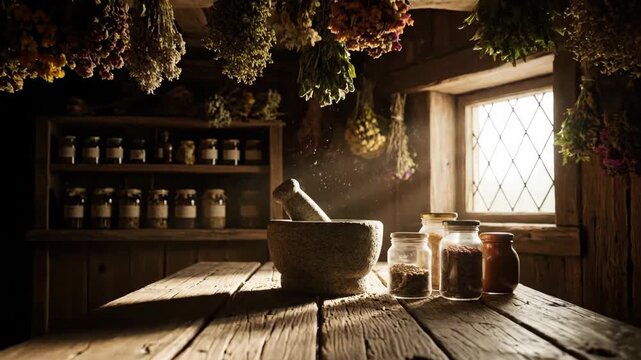 Still life of dried herbs, hanging bunches, mortar, pestle, spice jars, and sunlight through a window in a rustic wooden interior.