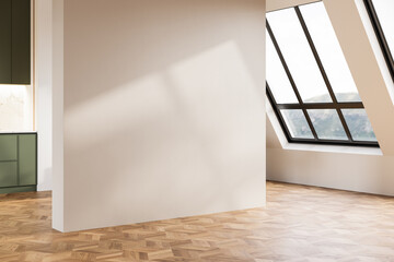 Plakat Empty room interior with blank wall and skylight windows, 3D render