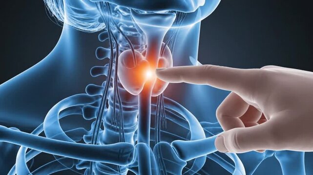 Human Thyroid Gland Highlighted in Glowing Blue 3D Rendered Animation of Medical Anatomy with Finger Pointing at Organ in Motion