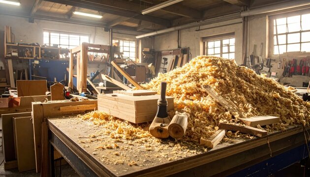 A busy carpenter's workbench piled high with golden wood shavings and sawdust, featuring timber planks and traditional tools in a sunlit workshop, ready for craftsmanship and assembly.