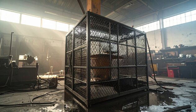 A makeshift Faraday cage constructed from wire mesh gleams with a metallic sheen in a large industrial workshop, designed for electromagnetic shielding experiments.