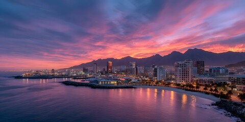 Breathtaking Coastal Metropolis Skyline Illuminated by a Dramatic Sunset, Reflecting Urban Growth and Natural Grandeur