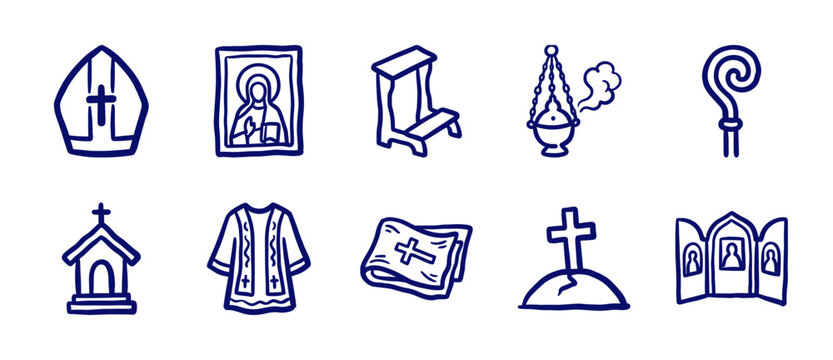 Orthodox Christian liturgical elements and religious symbols in a rustic blue marker doodle style. Naive hand-drawn ecclesiastical illustrations for spiritual branding.