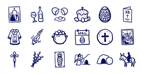 Naklejka premium Orthodox Easter celebration elements in a rustic hand-drawn doodle style. Naive marker sketch illustrations featuring paschal bread, decorated eggs, and church icons.